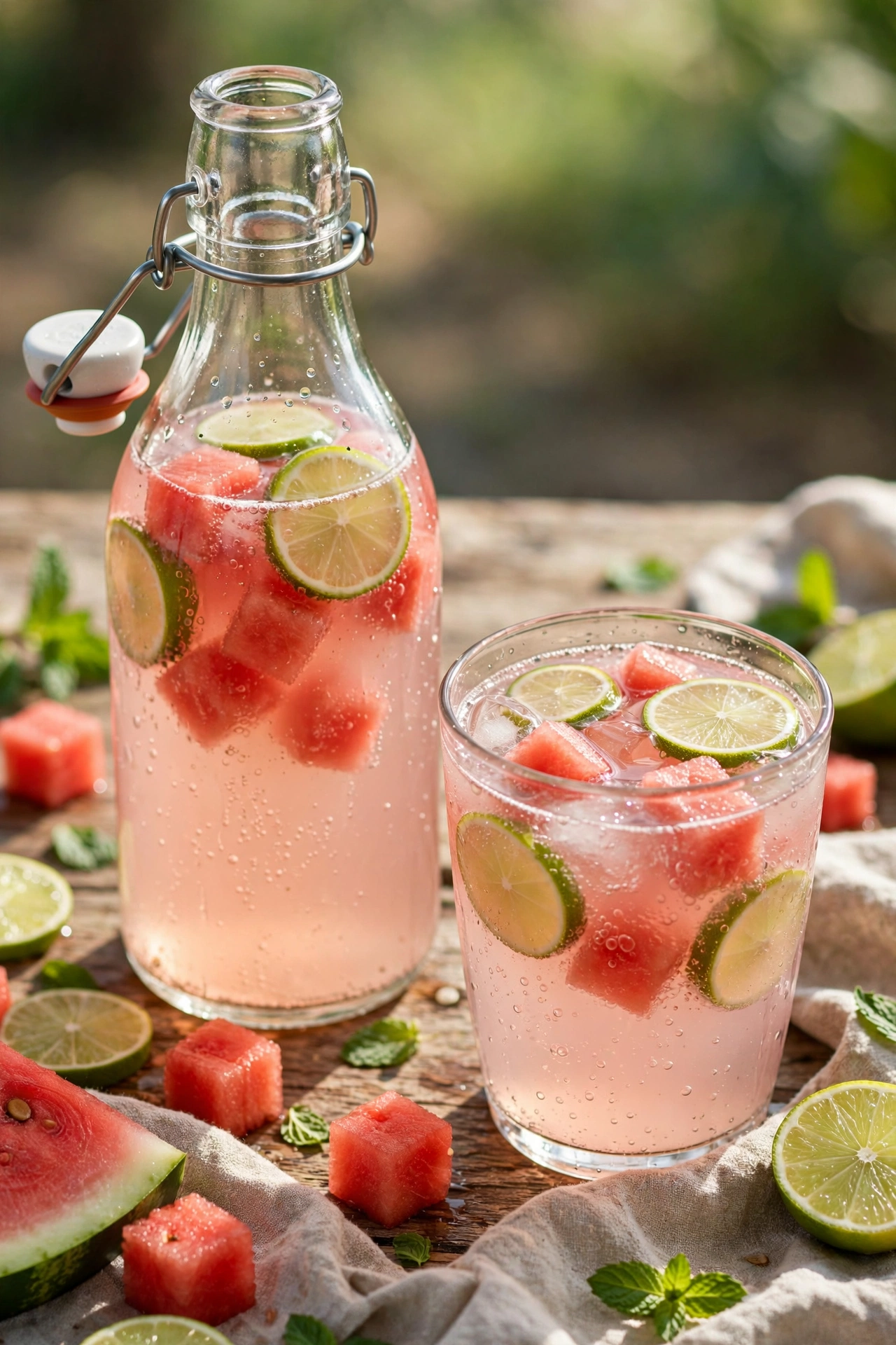 Watermelon lime kombucha with watermelon cubes and lime wedges