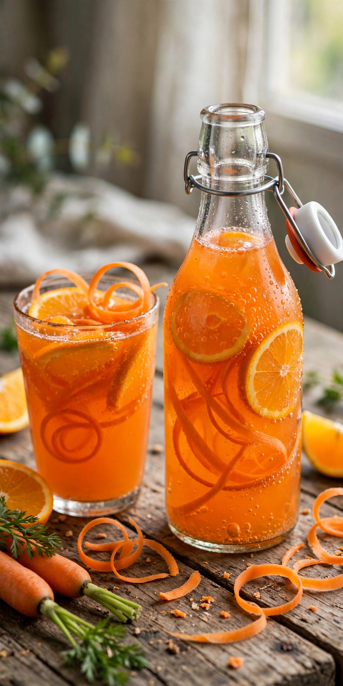 Orange carrot kombucha with orange slices and carrot ribbons