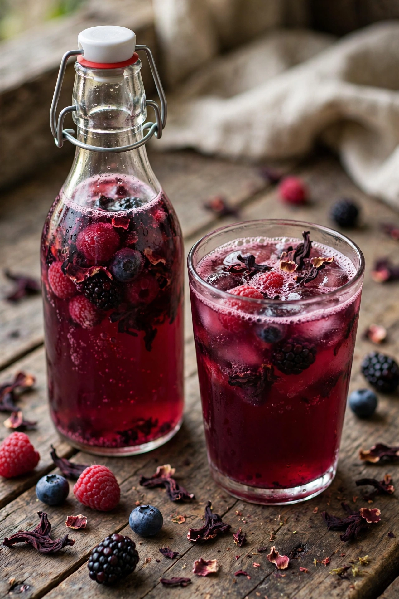Hibiscus berry kombucha with deep red color and dried hibiscus flowers