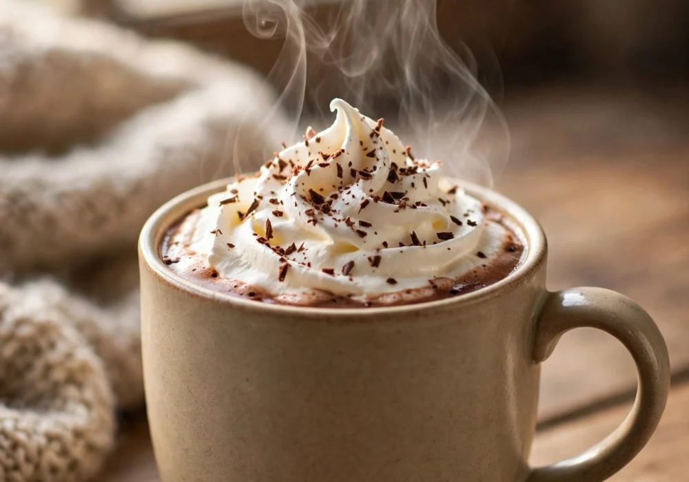 Mug of classic creamy hot chocolate topped with whipped cream and cocoa powder
