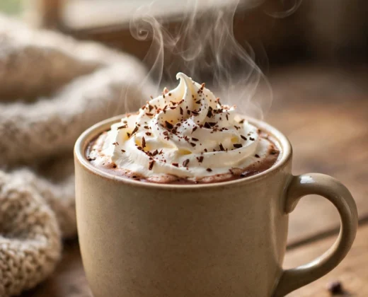Mug of classic creamy hot chocolate topped with whipped cream and cocoa powder