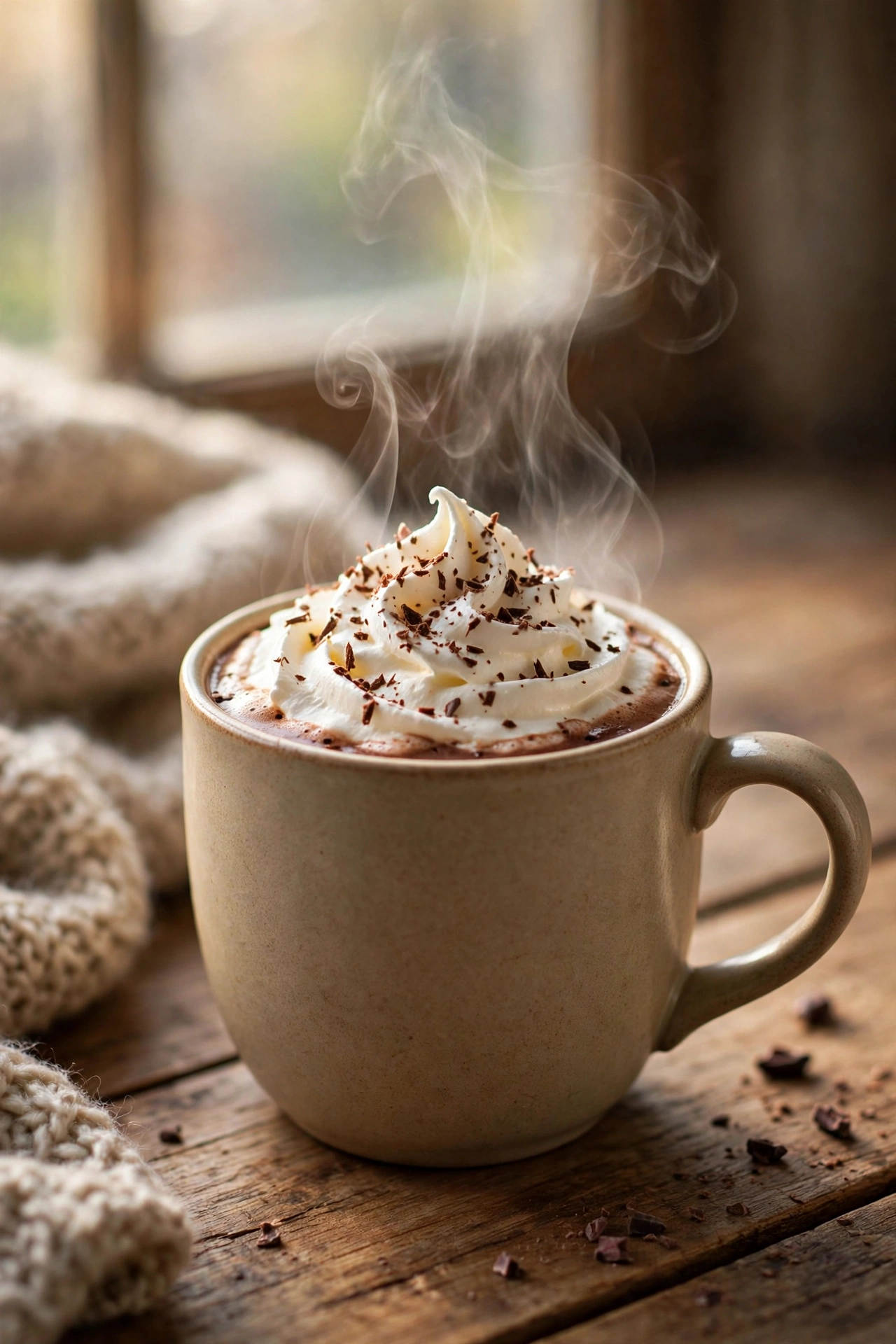 Mug of classic creamy hot chocolate topped with whipped cream and cocoa powder