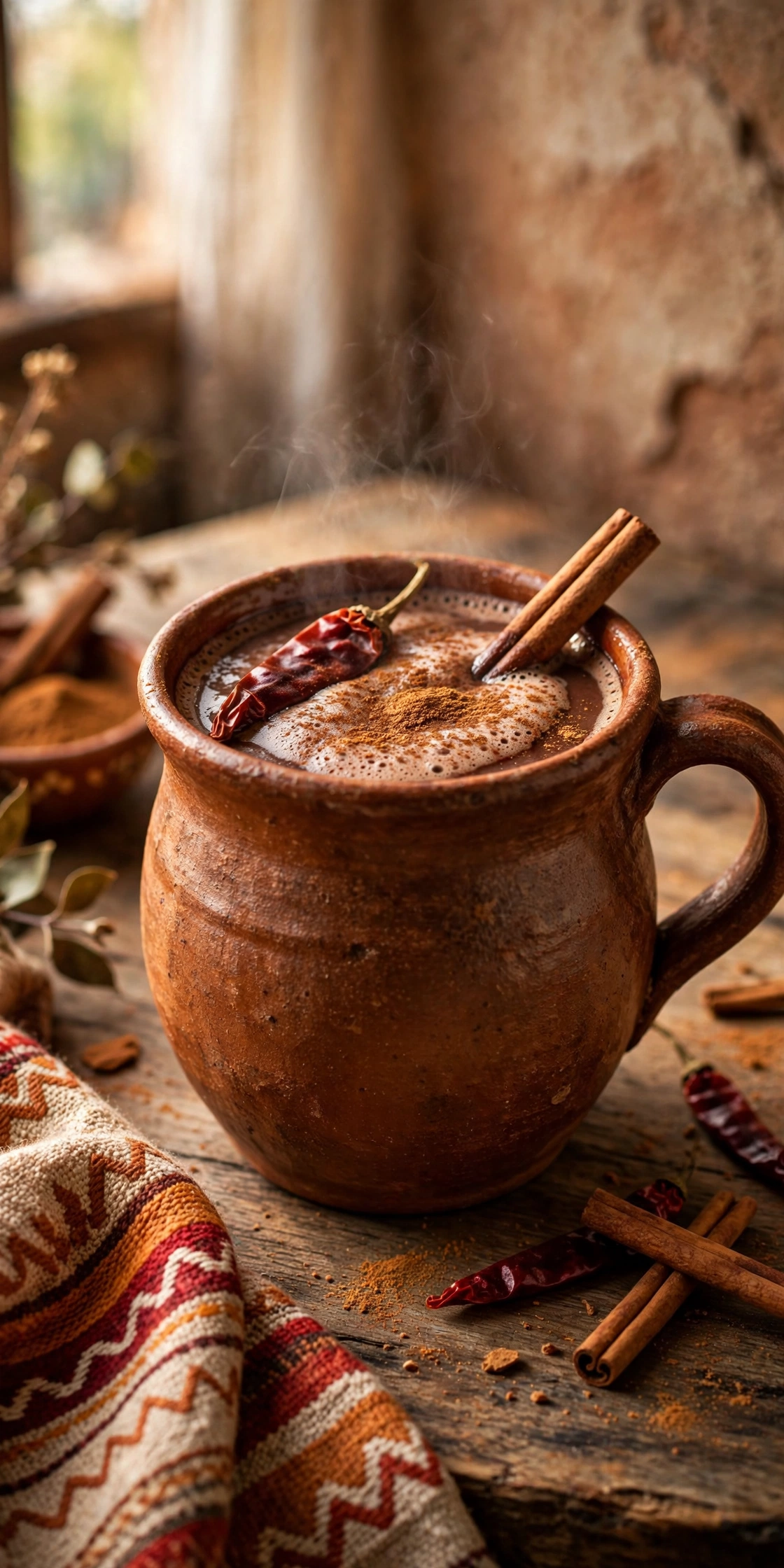 Mexican spiced hot chocolate with cinnamon stick and chili flakes in a clay mug