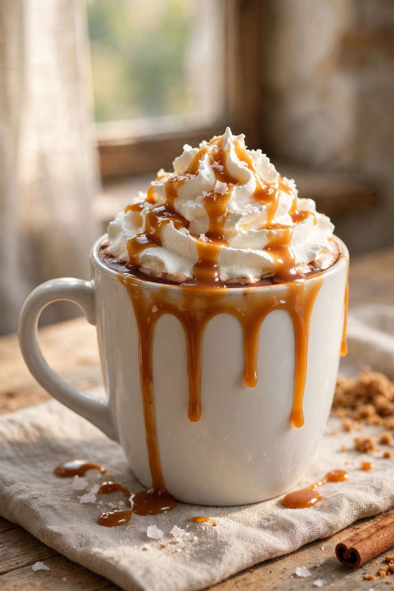 Salted caramel hot chocolate drizzled with caramel sauce and flaky sea salt