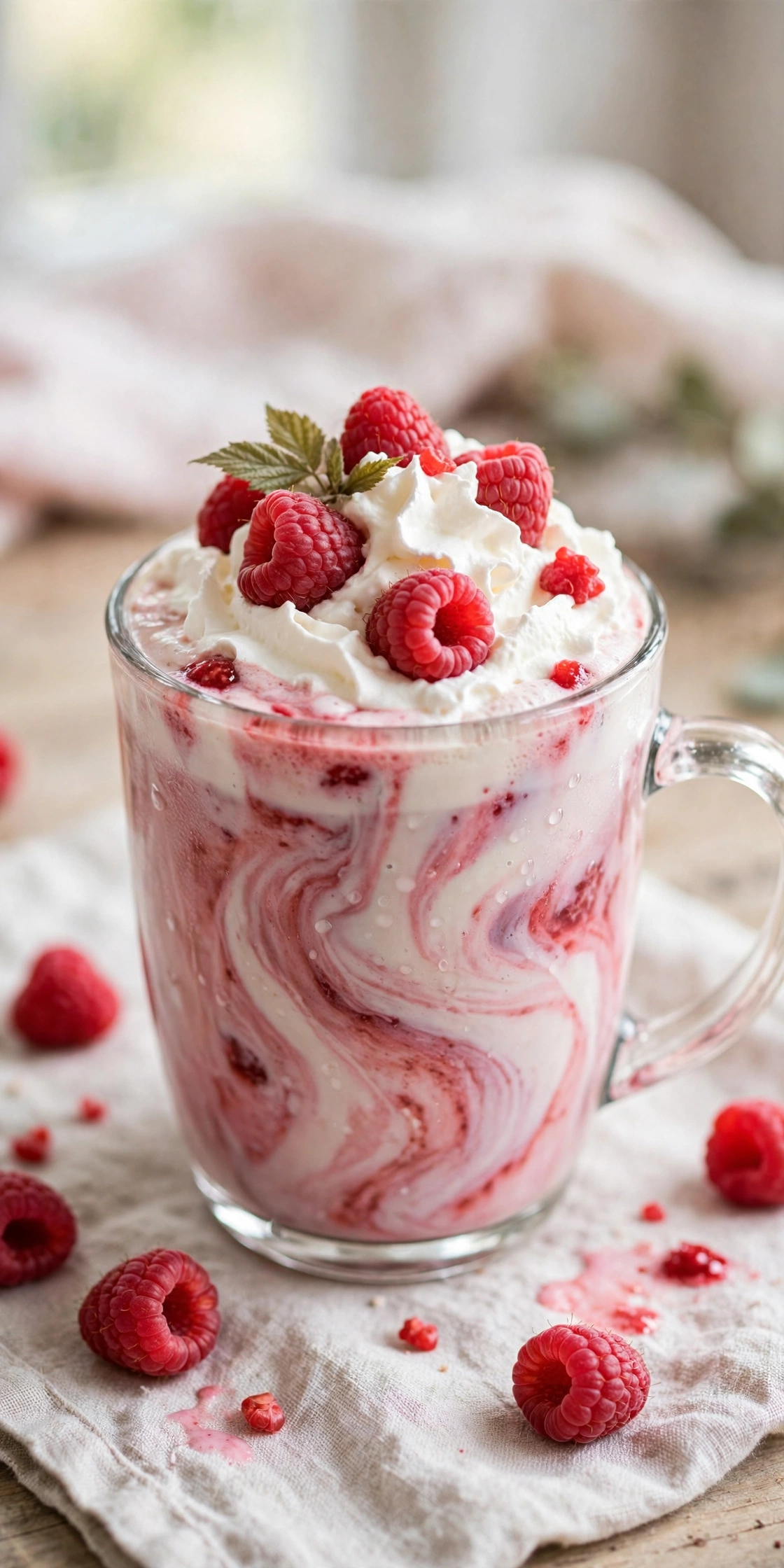 White chocolate raspberry hot chocolate with pink swirl and fresh raspberries
