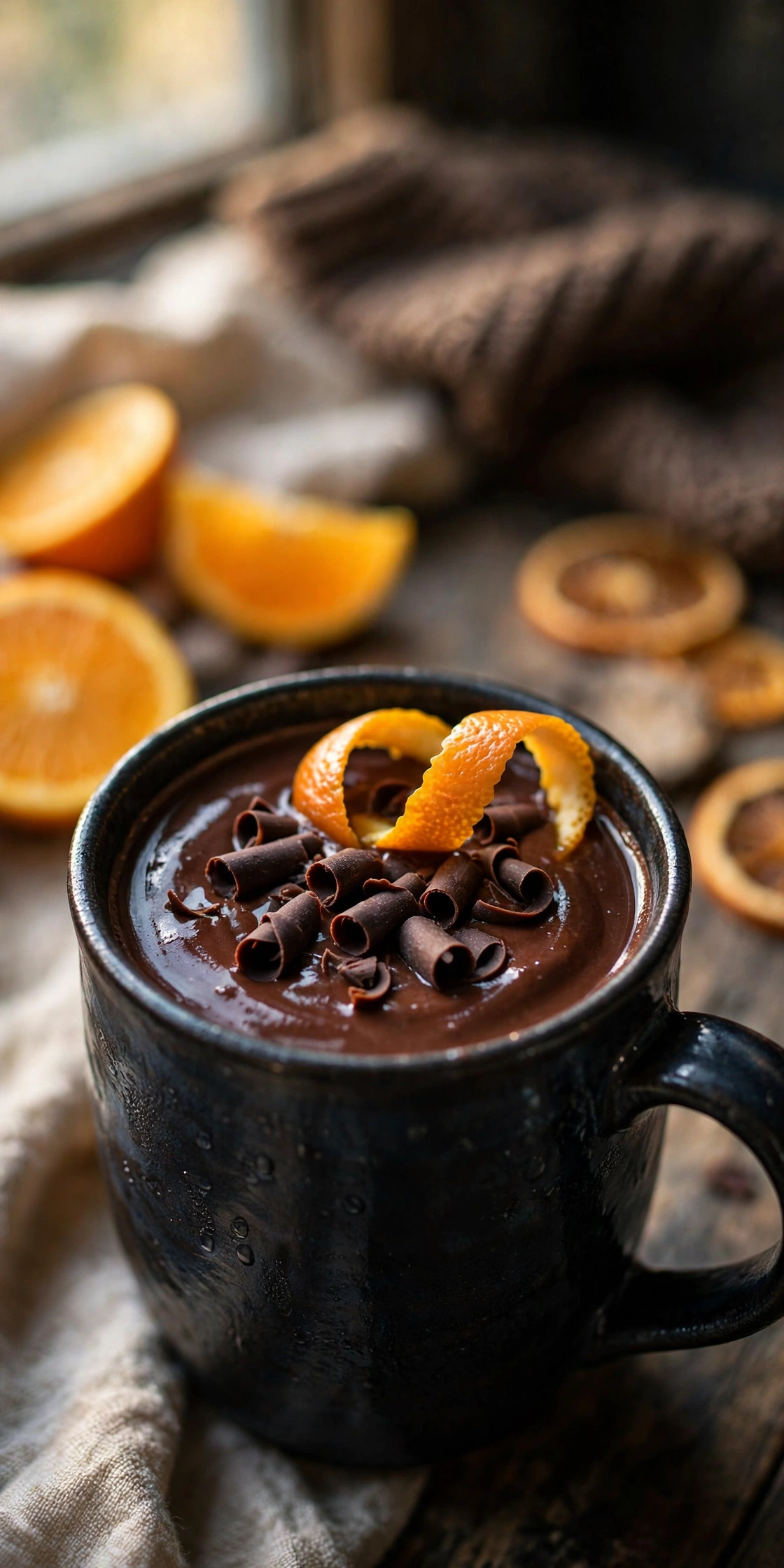 Dark chocolate orange hot chocolate with orange peel twist in a dark mug