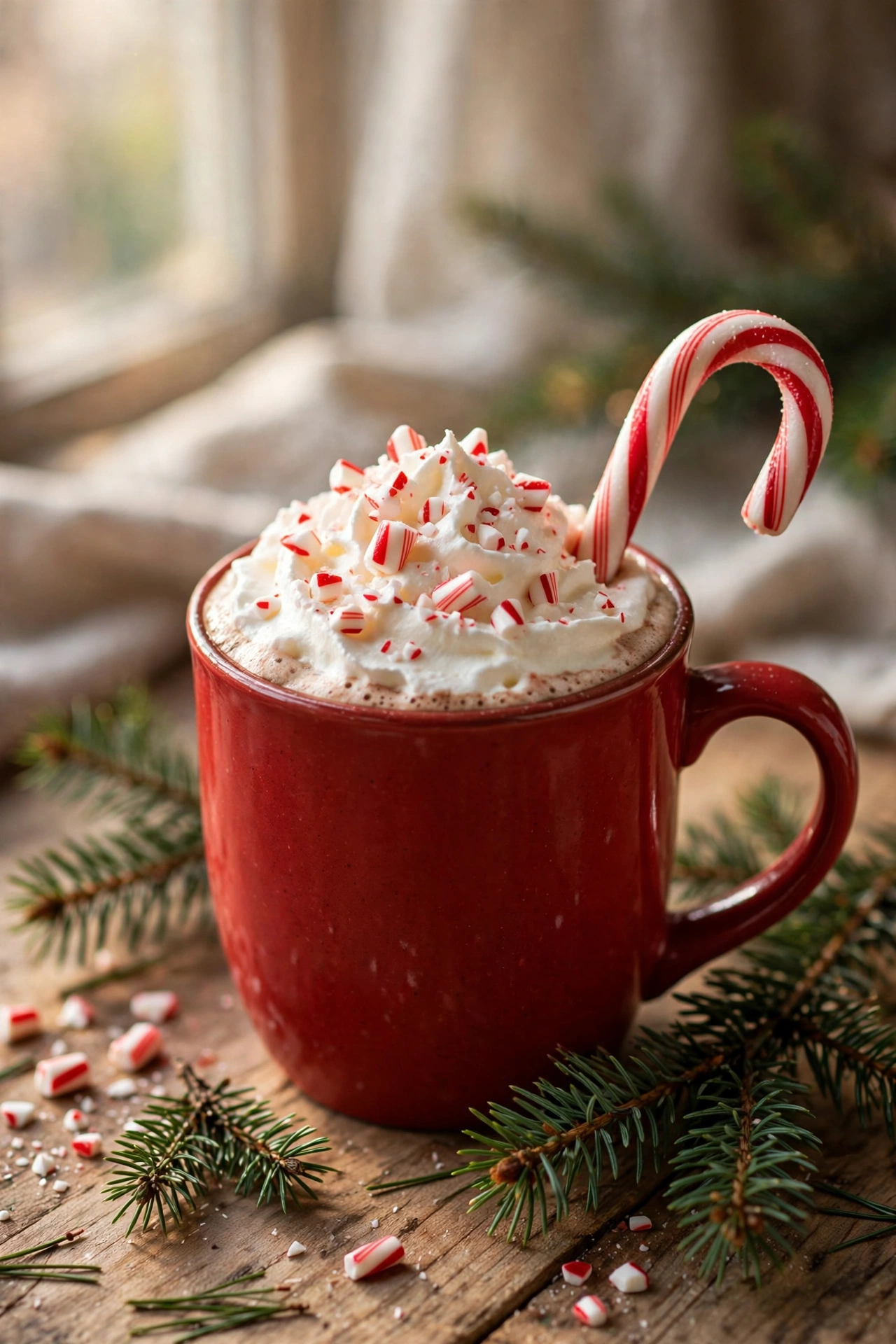 Peppermint hot chocolate with crushed candy cane rim and mini marshmallows