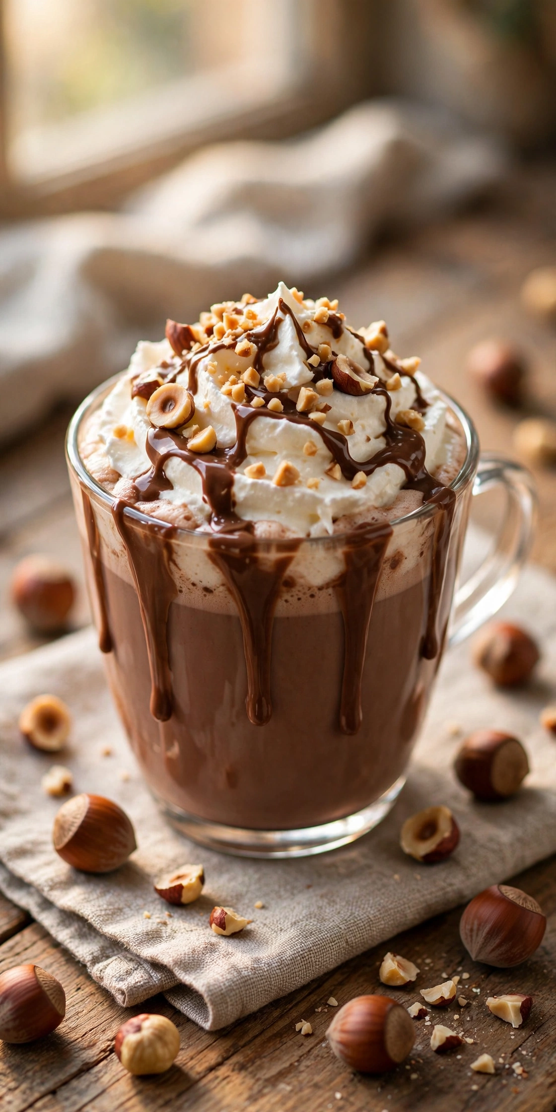 Nutella hot chocolate with hazelnut swirl and whipped cream in a cozy mug