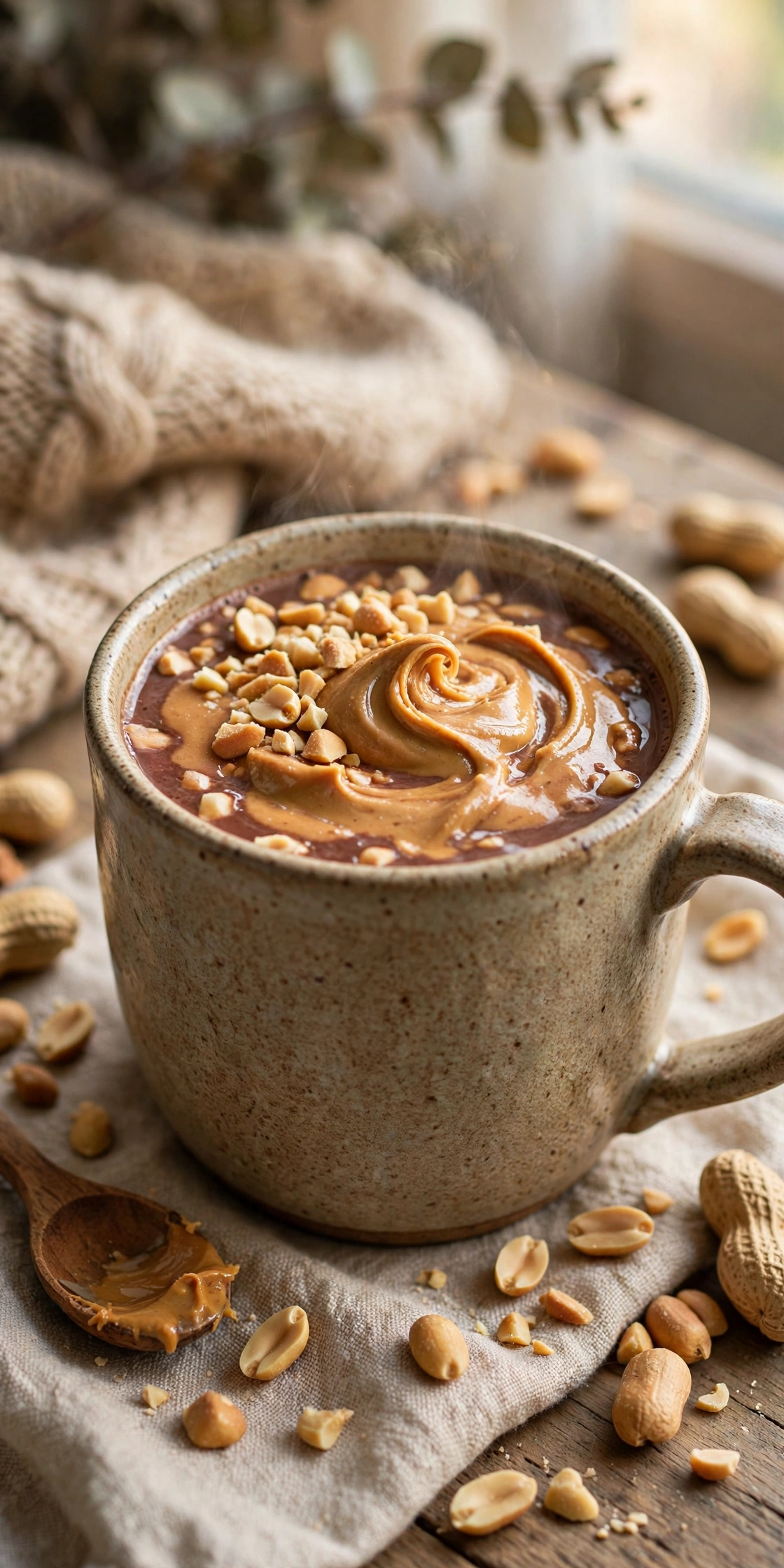Peanut butter hot chocolate with peanut butter swirl and chopped peanuts