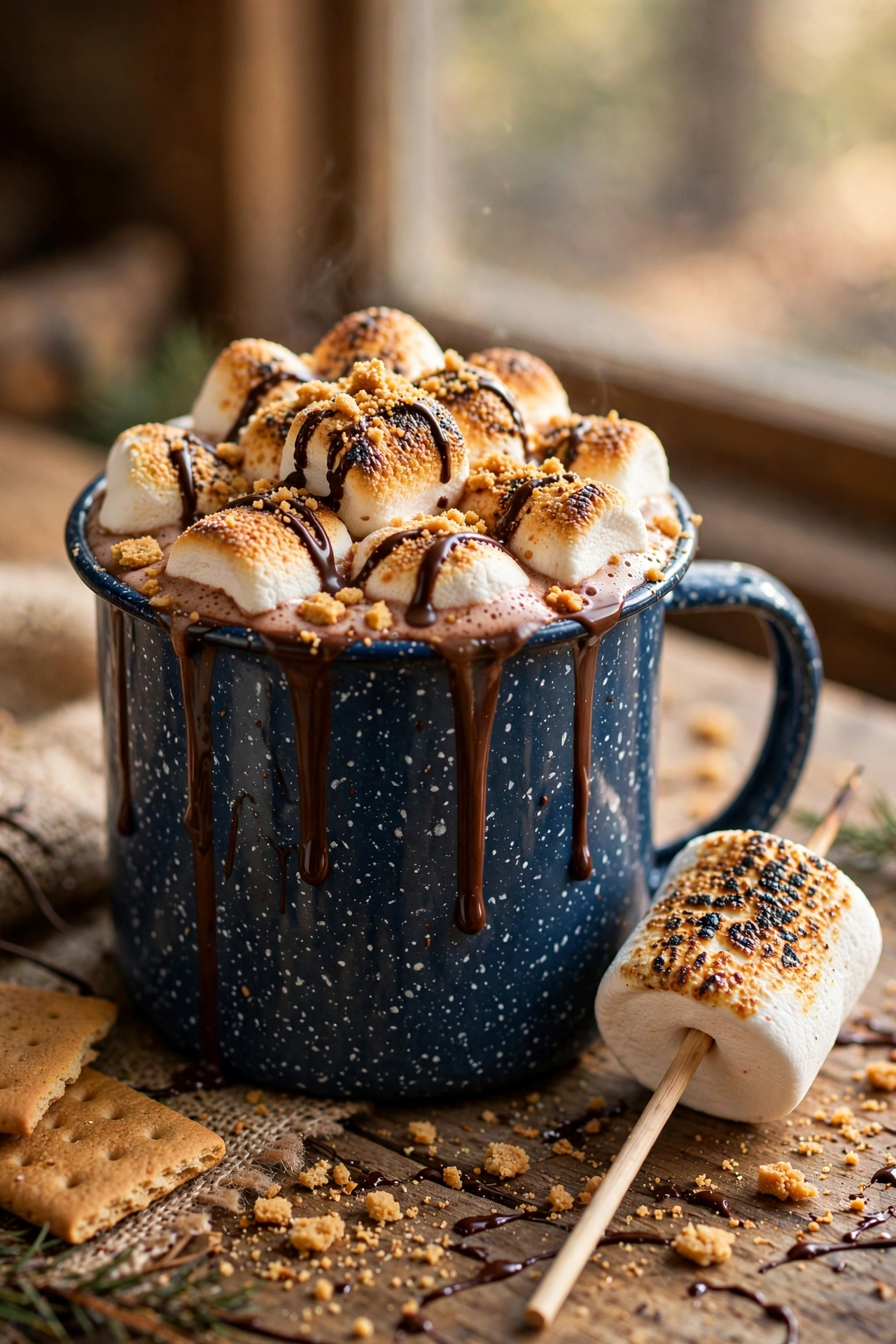 S'mores hot chocolate with torched marshmallows and graham cracker crumbs