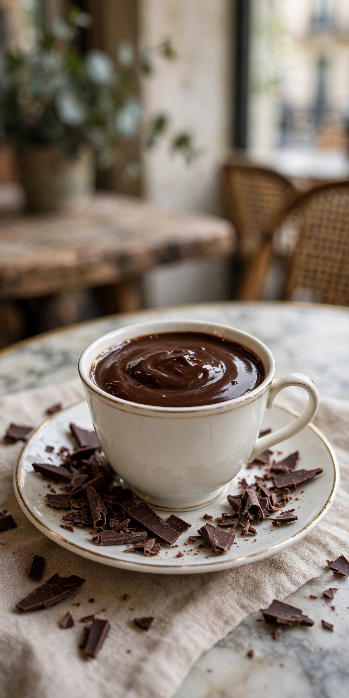 Thick French drinking chocolate in a small cup with dark glossy surface