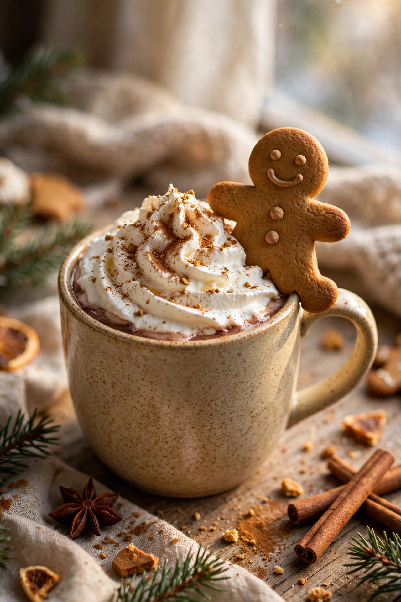 Gingerbread hot chocolate with gingerbread cookie and whipped cream