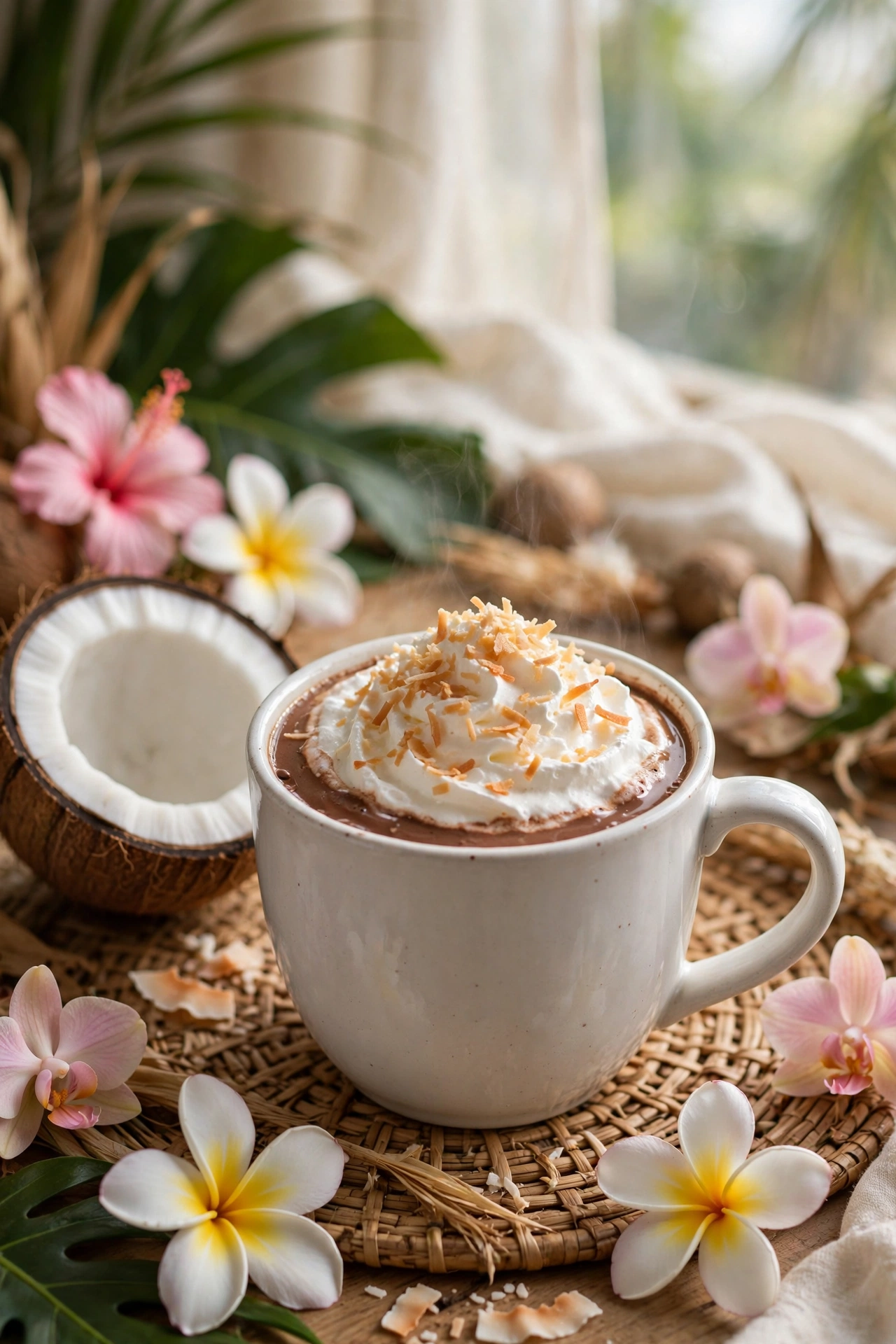 Coconut hot chocolate with toasted coconut flakes and coconut milk swirl