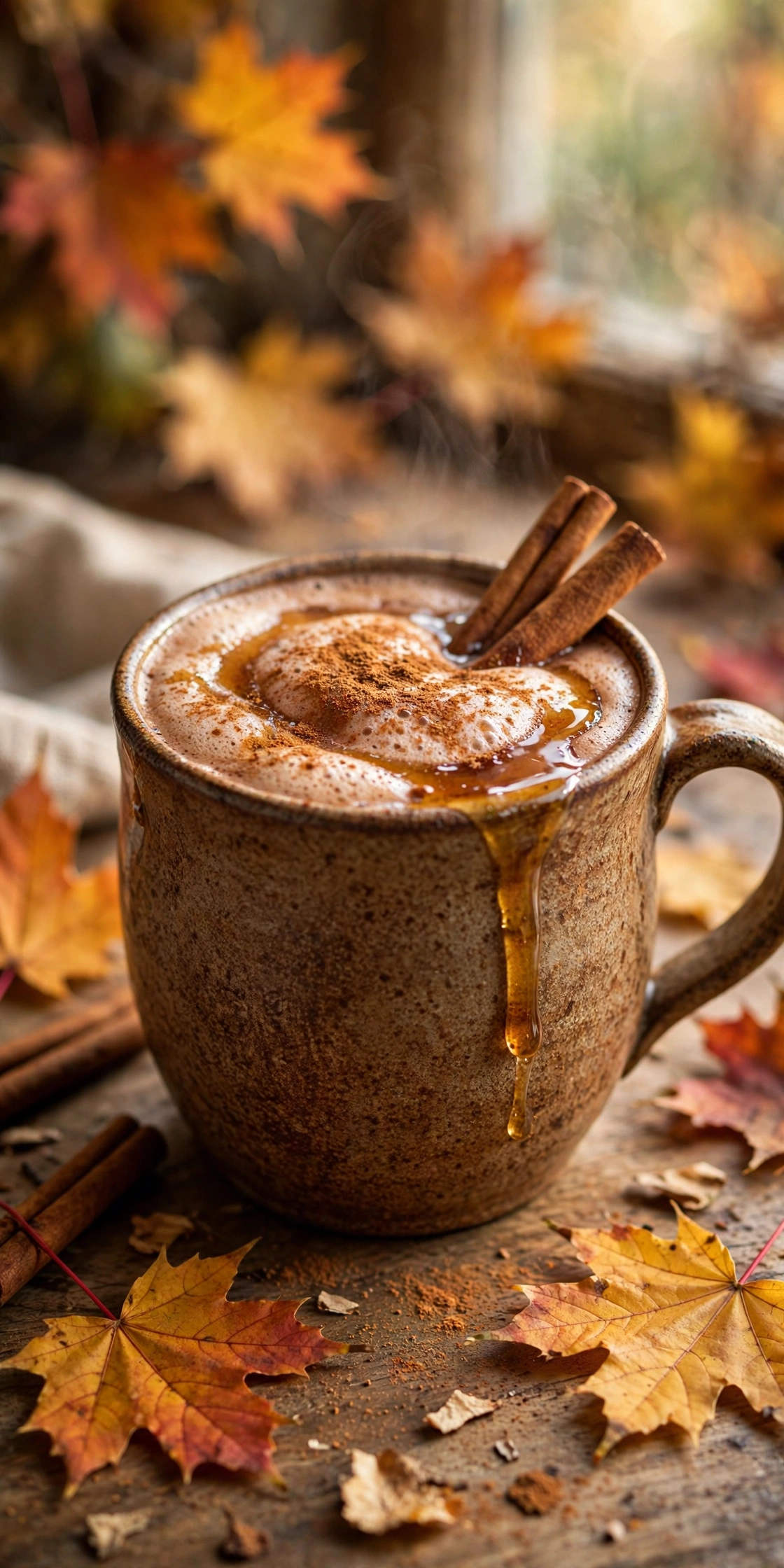 Maple cinnamon hot chocolate with cinnamon stick stirrer and maple drizzle