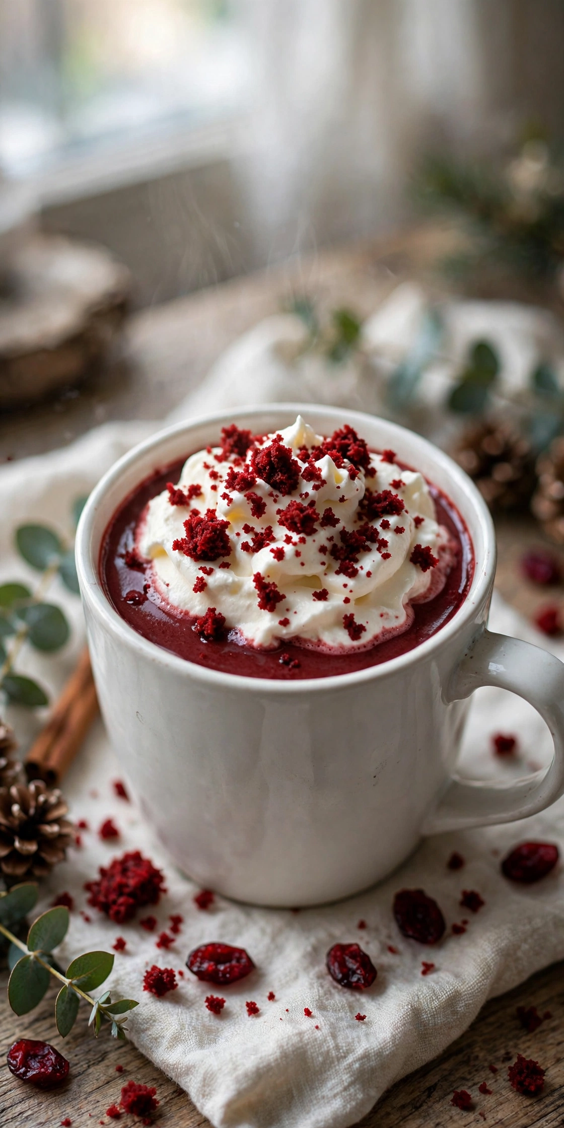 Red velvet hot chocolate with deep red color and cream cheese whipped cream