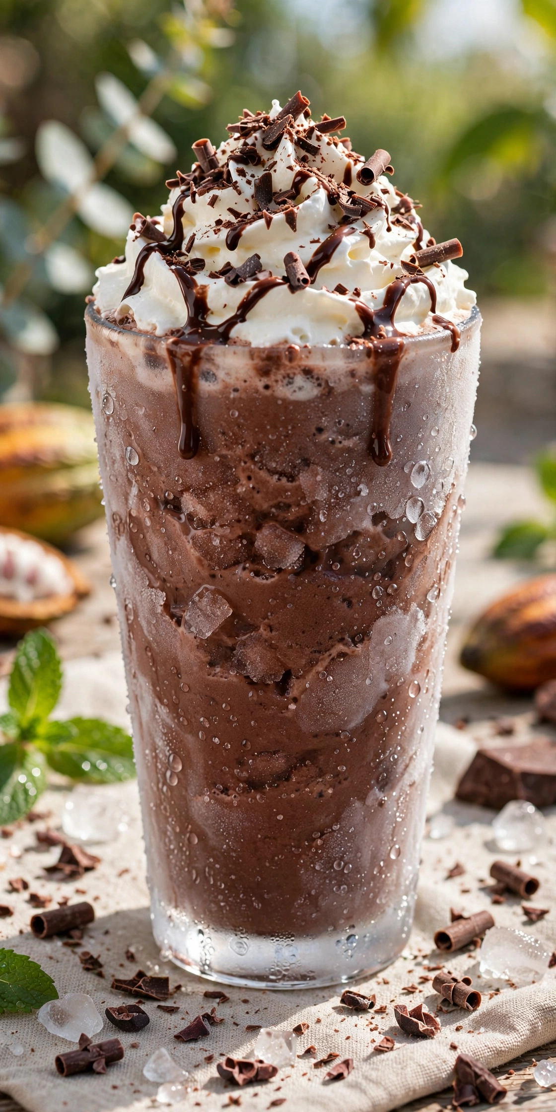 Frozen hot chocolate blended thick with whipped cream and chocolate shavings