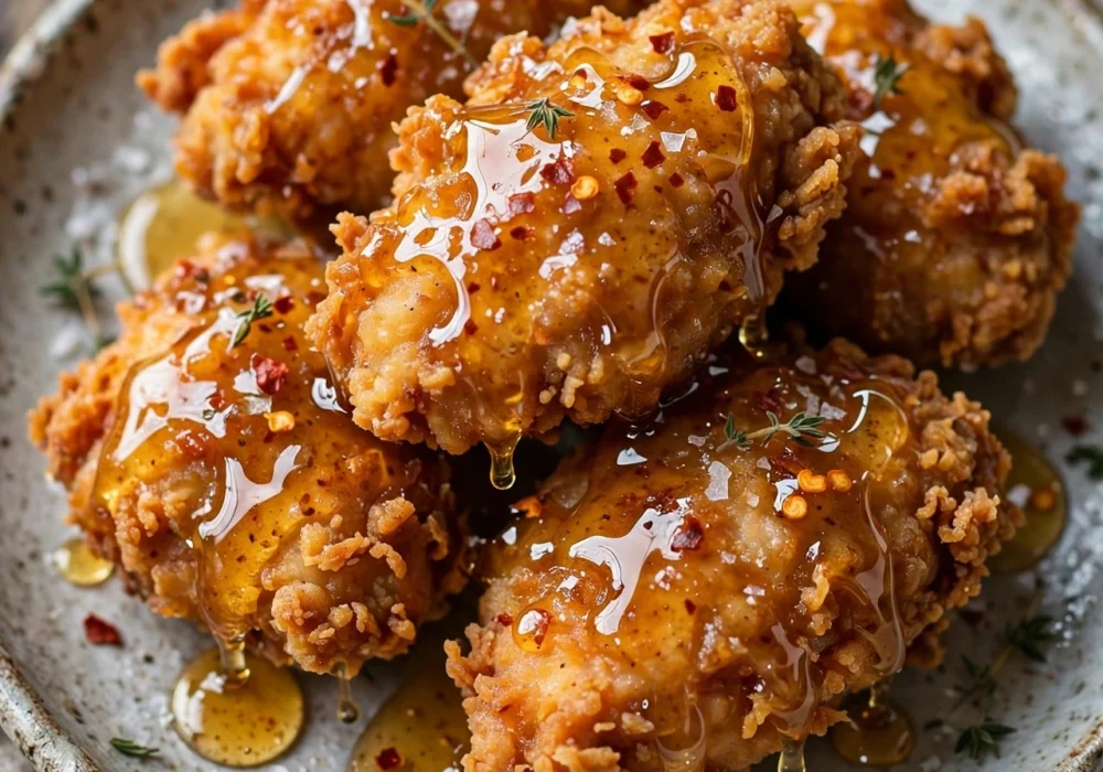 Crispy fried chicken drizzled with hot honey on a wire rack with pickles.