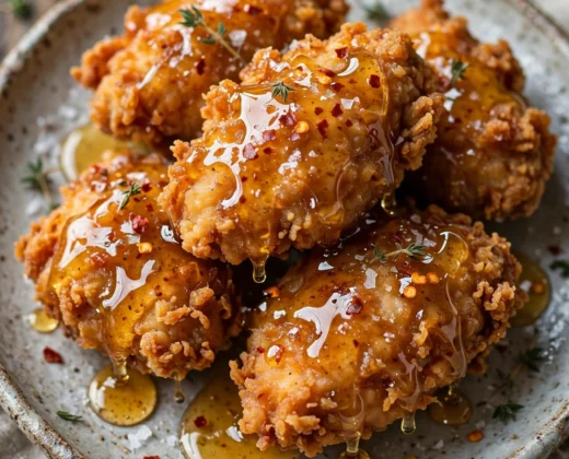 Crispy fried chicken drizzled with hot honey on a wire rack with pickles.