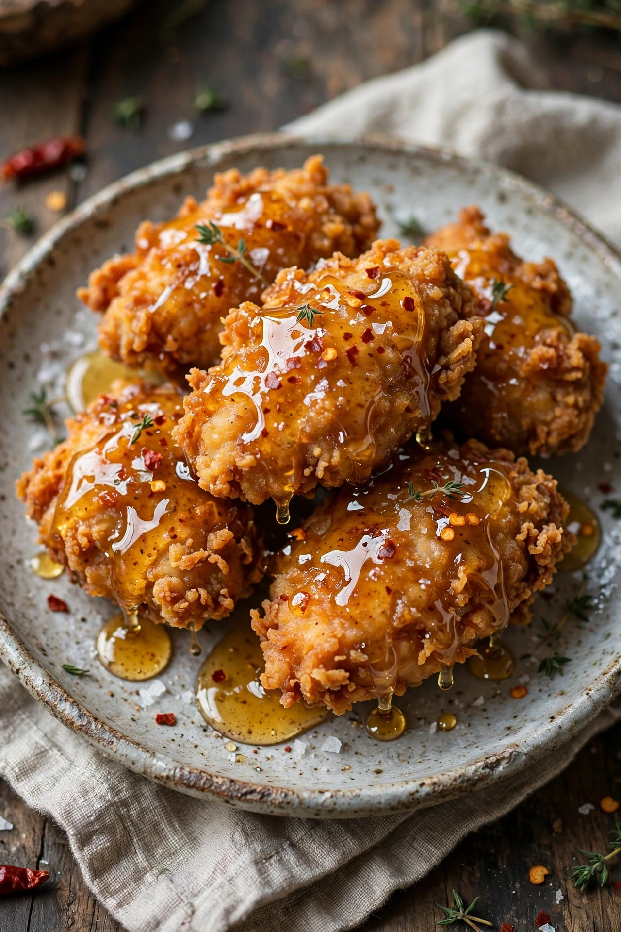 Crispy fried chicken drizzled with hot honey on a wire rack with pickles.