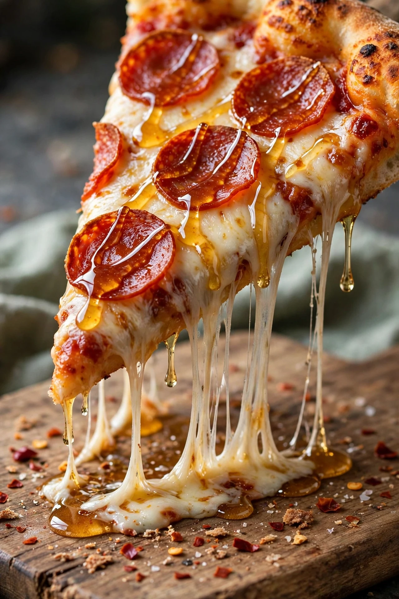 Wood-fired style pizza with pepperoni, mozzarella and a hot honey drizzle.