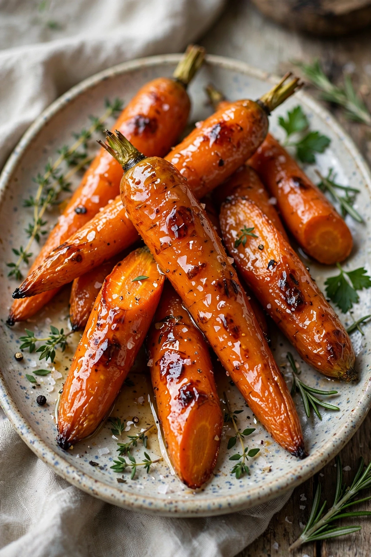 Roasted rainbow carrots glazed with hot honey and sprinkled with fresh herbs.