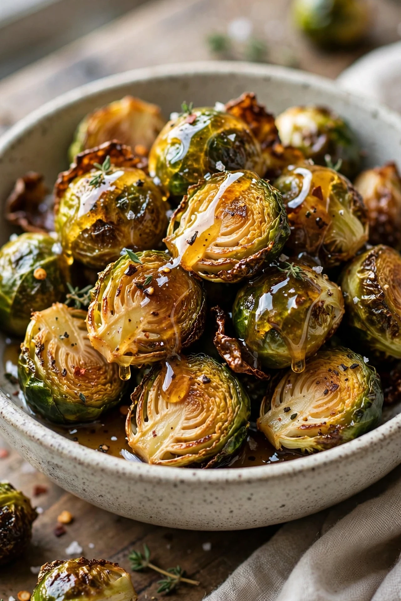 Crispy roasted Brussels sprouts with hot honey glaze and crumbled bacon.