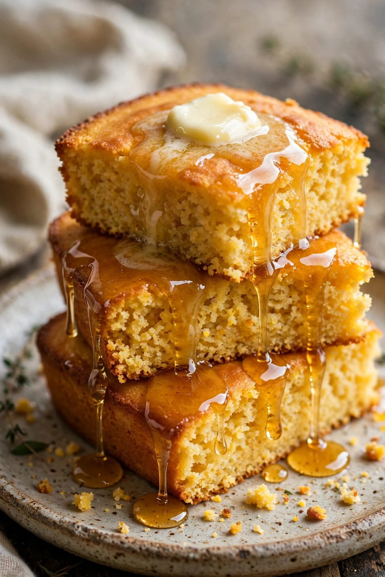Golden cornbread slices with hot honey butter melting on top.