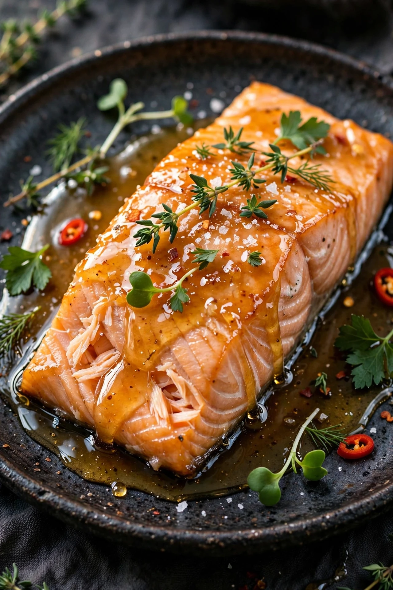 Glazed salmon fillet with hot honey, garnished with sesame seeds and green onions.