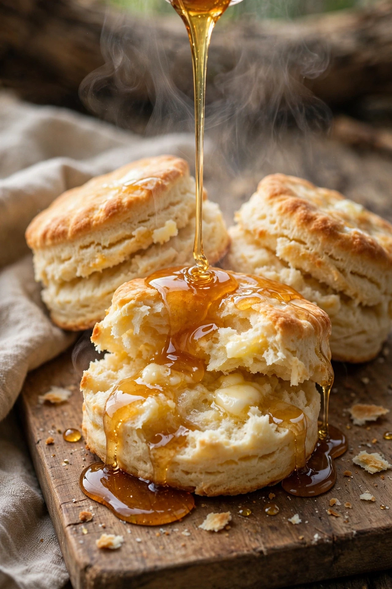 Flaky buttermilk biscuits split open with hot honey dripping down the sides.