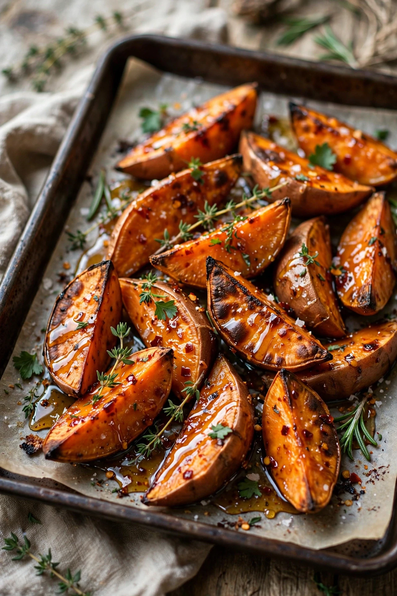 Roasted sweet potato wedges with crispy edges and hot honey glaze.