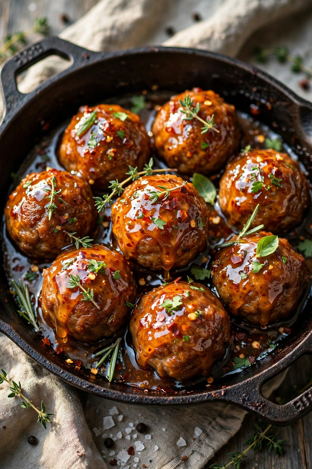 Glazed meatballs in a skillet with hot honey sauce and fresh parsley.