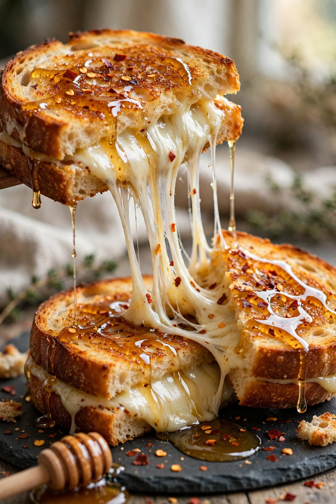 Golden grilled cheese sandwich with melted cheese pull and hot honey drizzle.