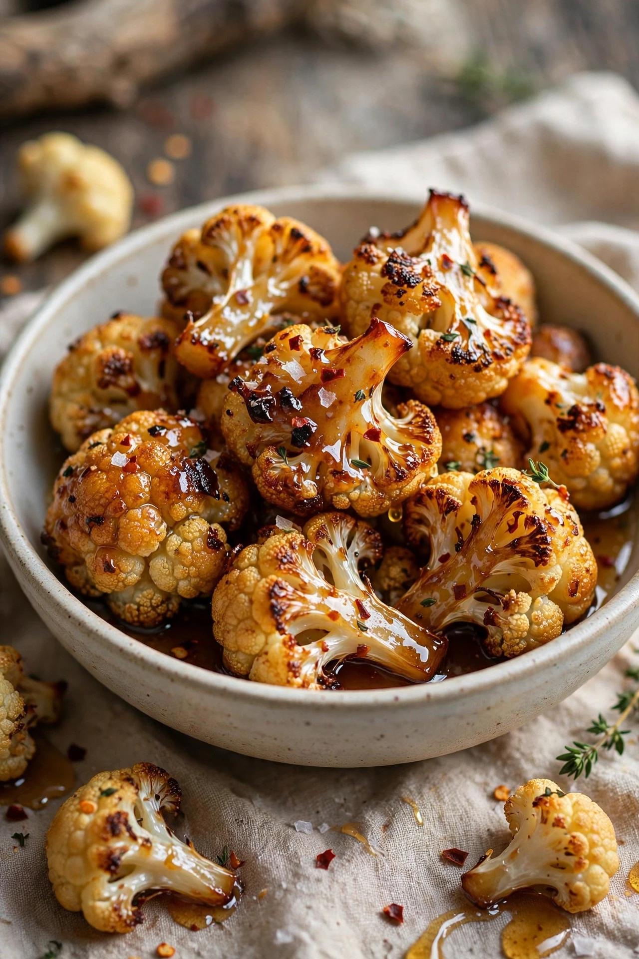 Crispy roasted cauliflower florets glazed with hot honey and sesame seeds.