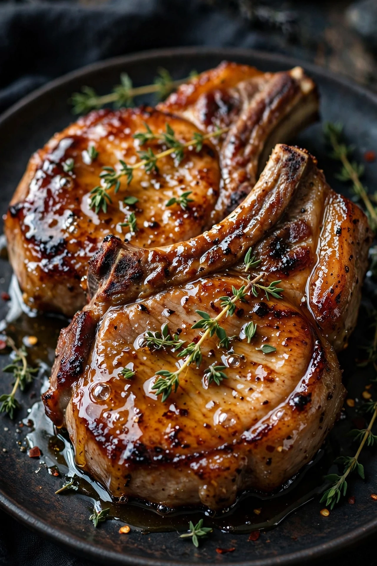 Seared pork chops with hot honey glaze and roasted apples in a skillet.