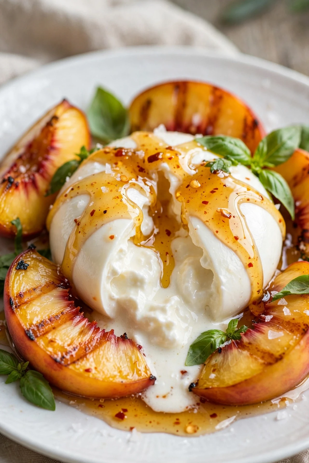 Creamy burrata with sliced peaches, hot honey drizzle and basil on a platter.