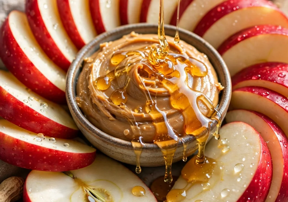 Crisp apple slices fanned around a bowl of creamy peanut butter with honey drizzle