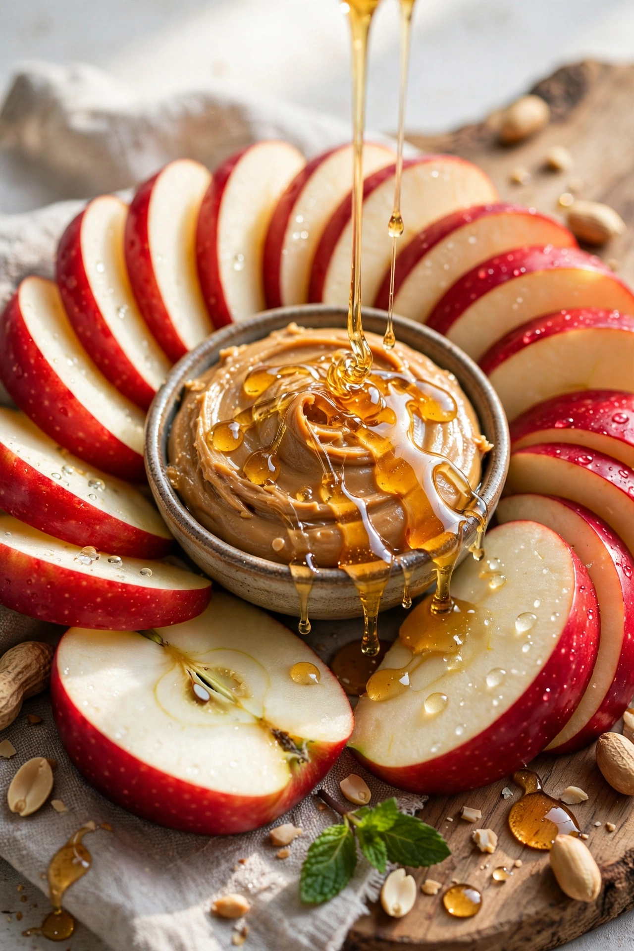 Crisp apple slices fanned around a bowl of creamy peanut butter with honey drizzle