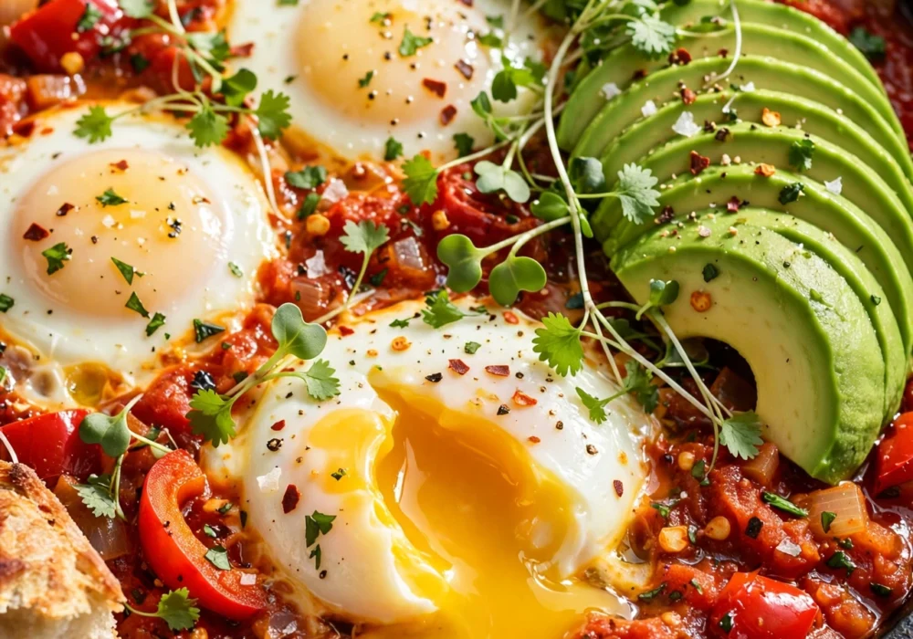 Avocado shakshuka with fanned avocado slices and runny egg yolks in a cast iron skillet