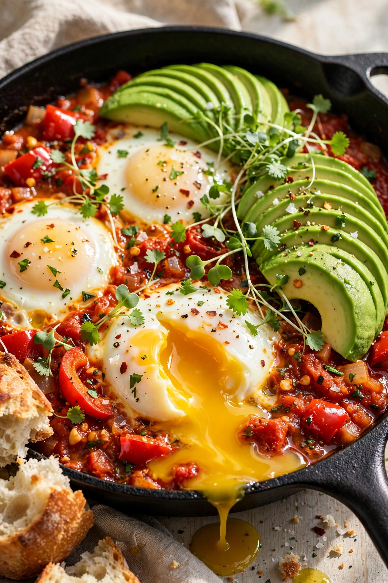 Avocado shakshuka with fanned avocado slices and runny egg yolks in a cast iron skillet