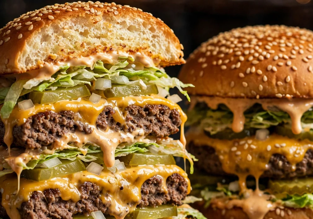 Homemade copycat Big Mac burgers with special sauce dripping and sesame buns