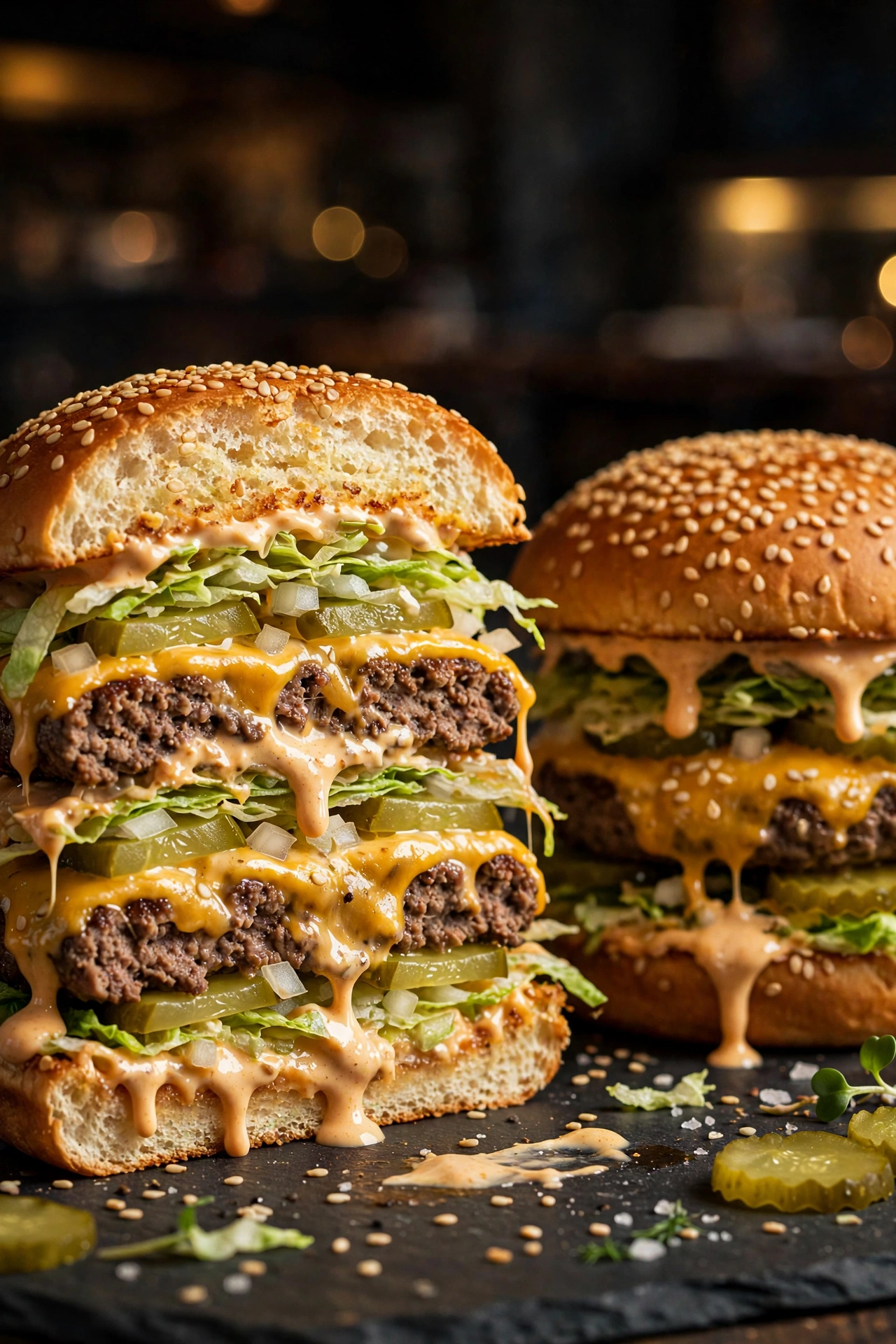 Homemade copycat Big Mac burgers with special sauce dripping and sesame buns