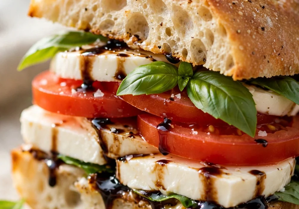 Caprese sandwich with mozzarella, tomato and basil on ciabatta