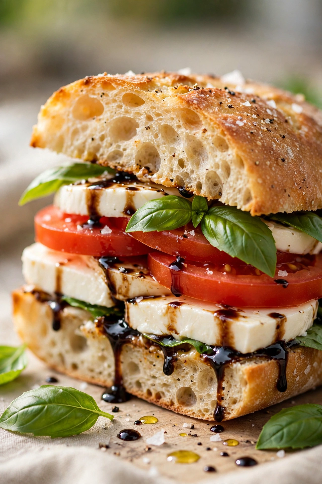 Caprese sandwich with mozzarella, tomato and basil on ciabatta