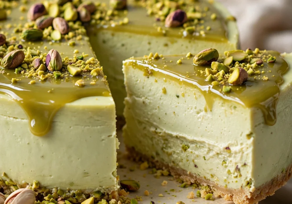 Creamy pistachio cheesecake with glossy pistachio topping on a cake stand