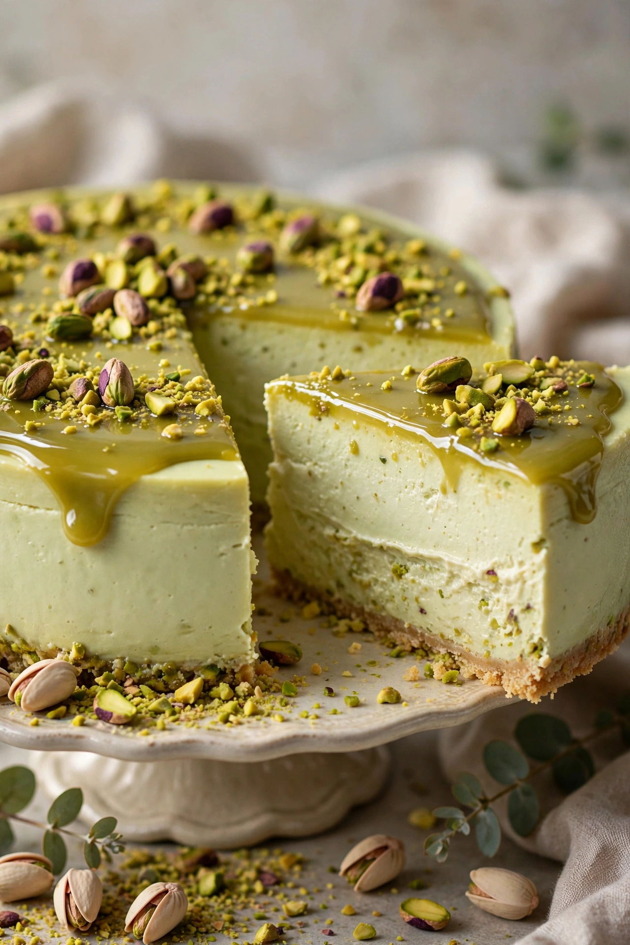 Creamy pistachio cheesecake with glossy pistachio topping on a cake stand