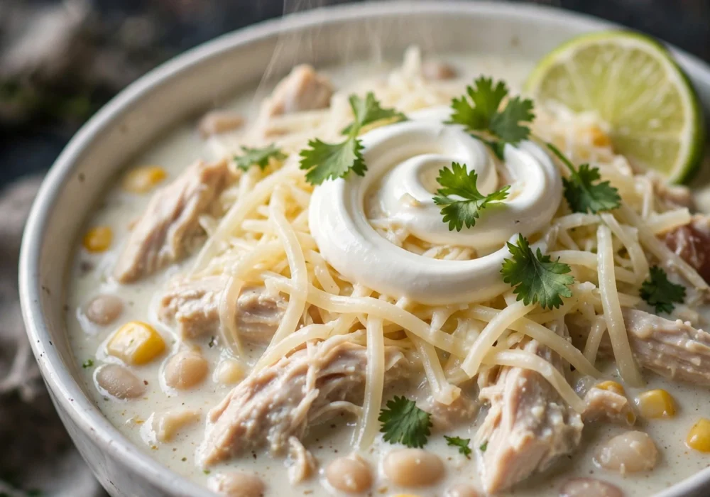 Creamy white chicken chili in a white bowl topped with cheese sour cream cilantro and lime
