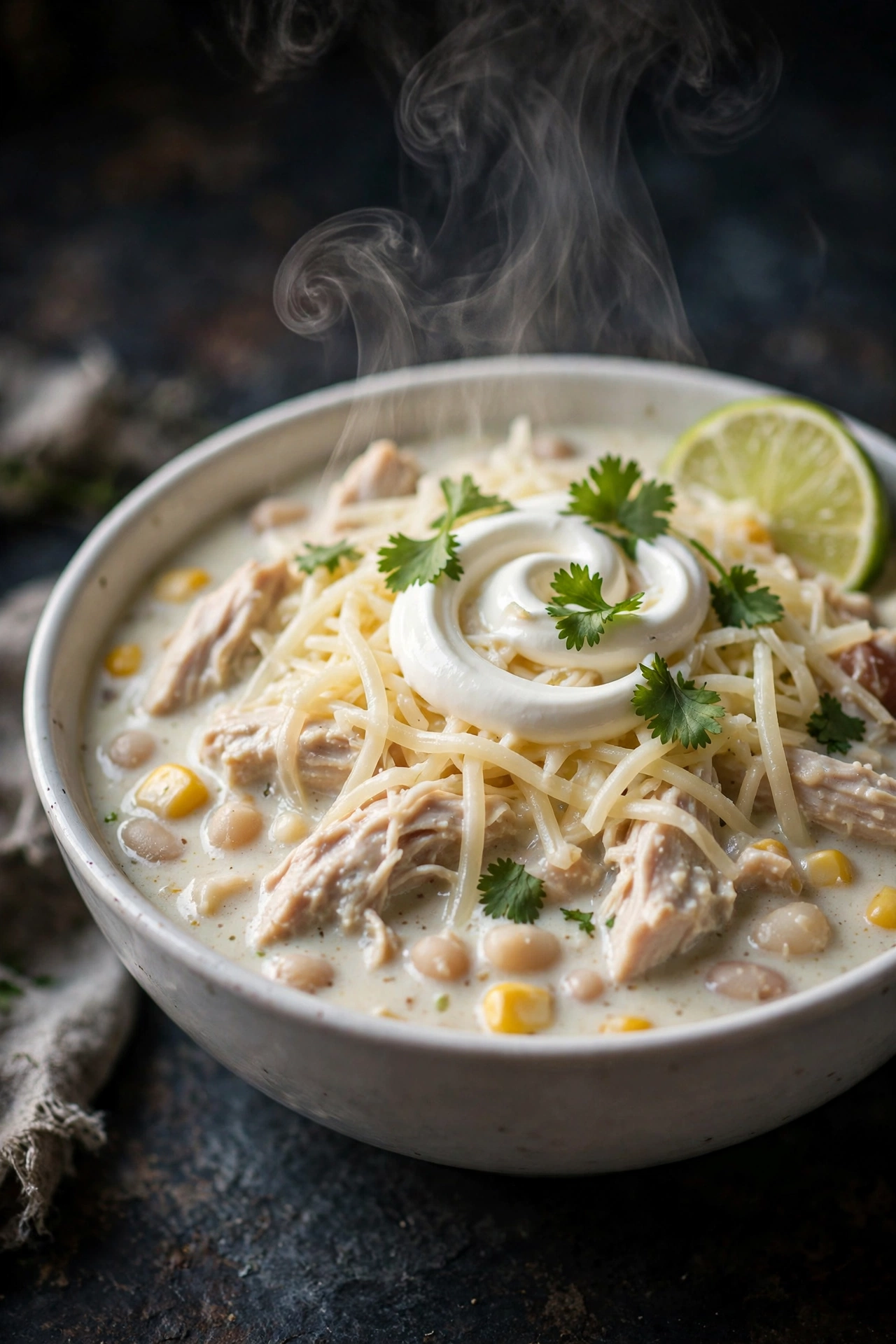 Creamy white chicken chili in a white bowl topped with cheese sour cream cilantro and lime