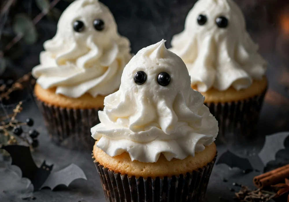 Halloween ghost cupcakes with white frosting ghosts and candy eyes on a dark slate