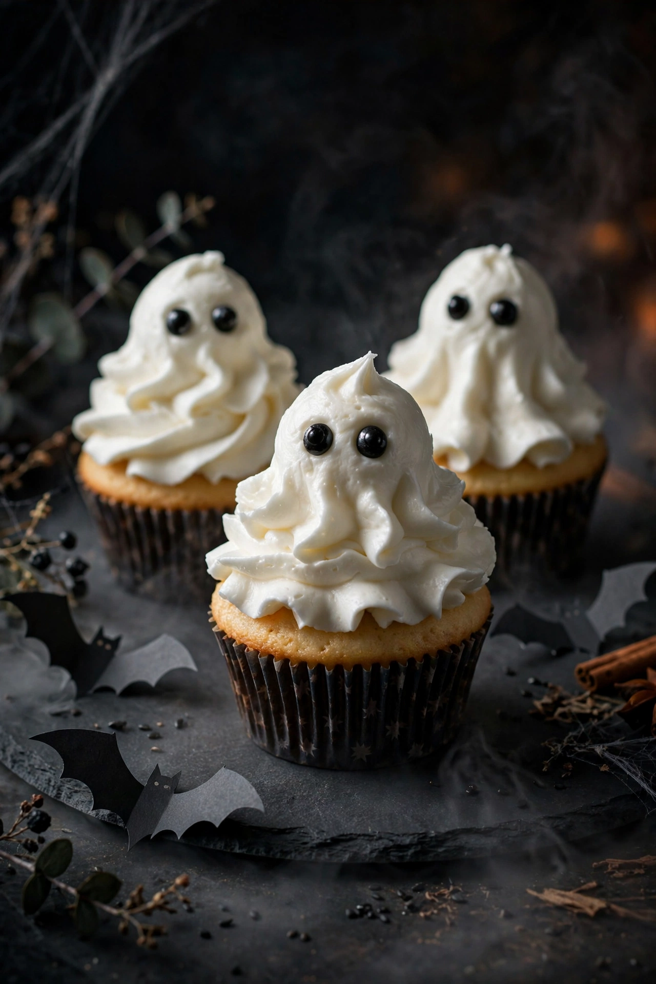 Halloween ghost cupcakes with white frosting ghosts and candy eyes on a dark slate