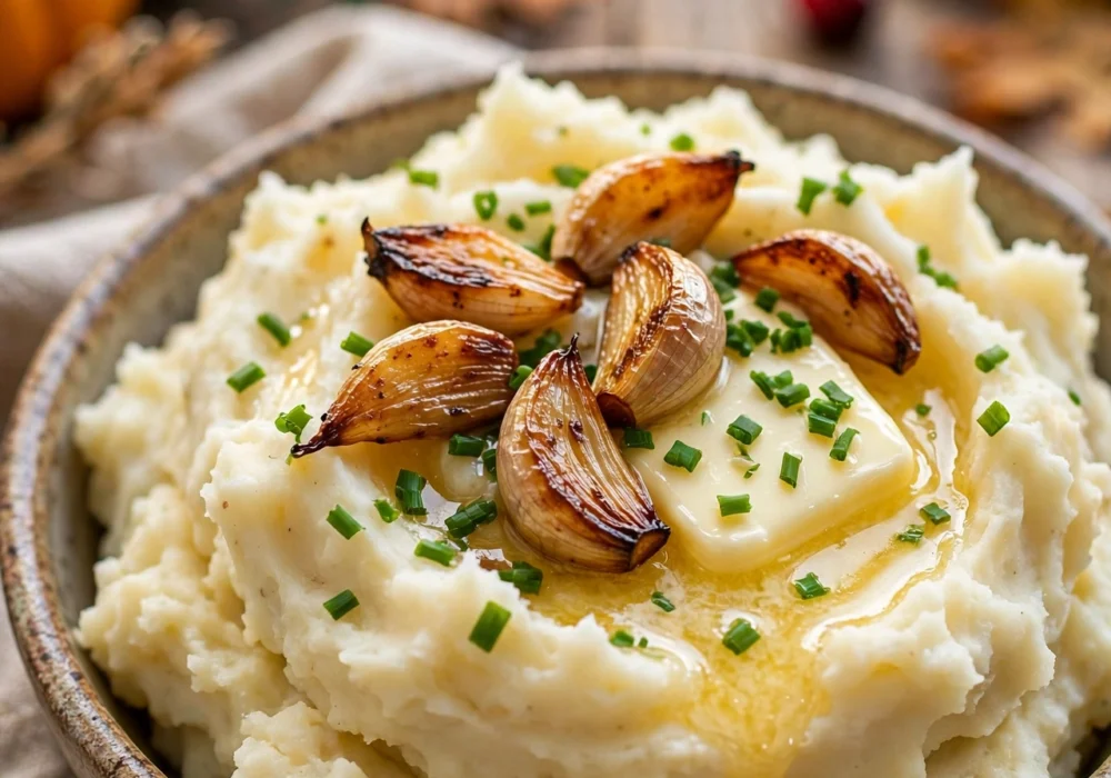 Creamy garlic mashed potatoes with roasted garlic and melted butter in a rustic bowl